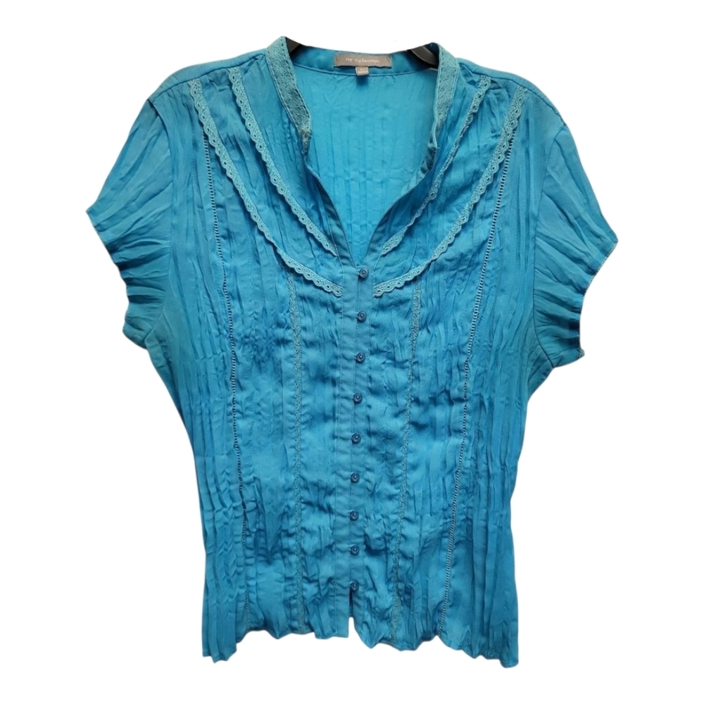 NY Collection Turquoise Ruched Ruffled V-neck Short Sleeved Blouse-Size XL